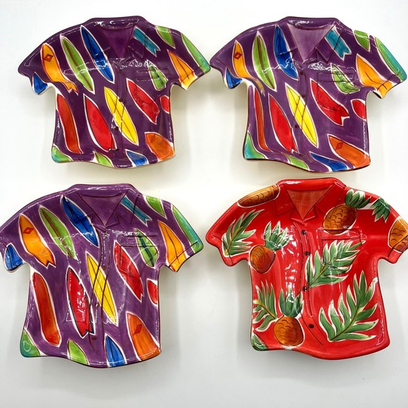 Clay Art Hawaiian Shirt Shaped Ceramic Trinket Dish Surfboard Pineapple Set of 4 - Picture 1 of 7